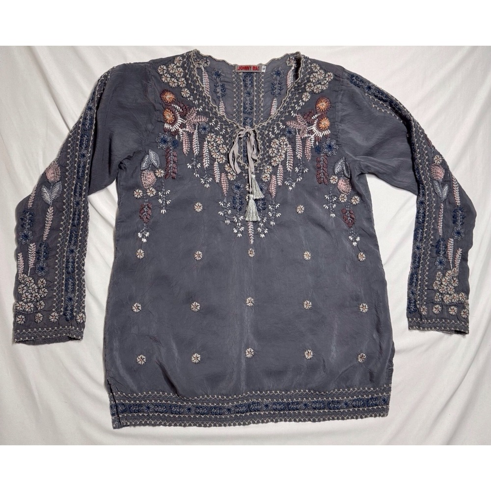 Johnny Was Santorini Embroidered Cloudburst Gray‎ Boho Blouse Womens Size Small